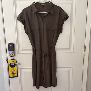 Express Olive-Brown Midi Shirt Dress with Tie Waist